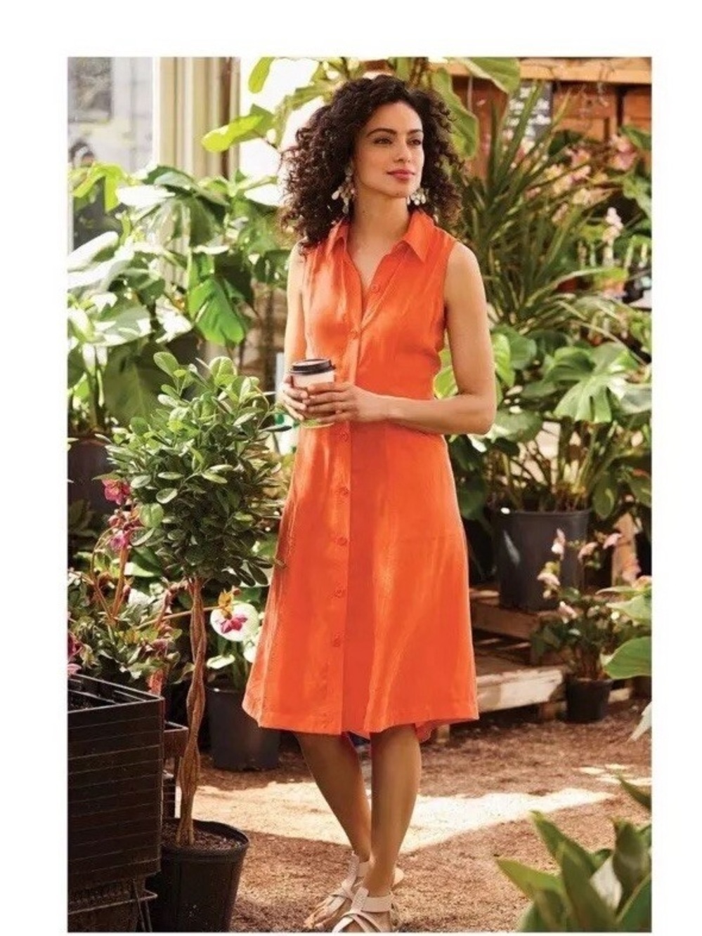 Soft Surroundings Cascade Sleeveless Shirt Dress Size Medium Fiery Orange